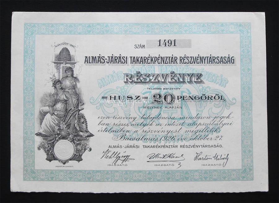 Almás-járási Takarékpénztár részvény 20 pengő 1926 - Bácsalmás